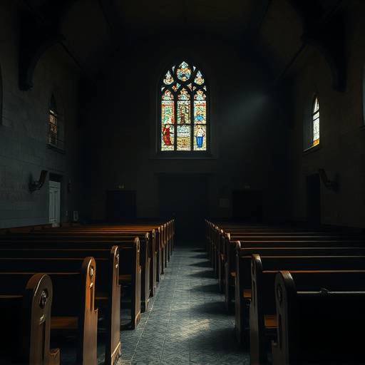 A dimly lit prison chapel with wooden pews and stained-glass windows.
