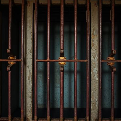 A vintage jail cell with rusty bars and peeling paint.