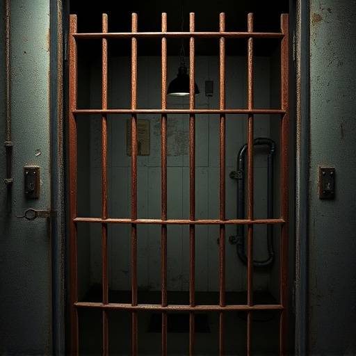 A vintage jail cell with rusty bars and peeling paint.