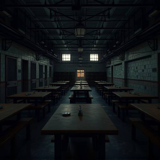 Interior of a prison mess hall set, complete with tables, benches, and realistic props.