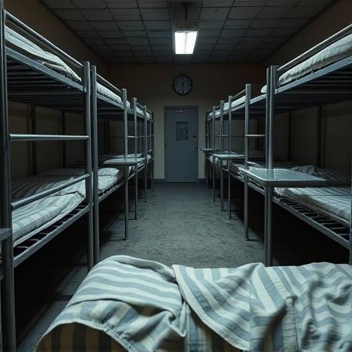 Selection of authentic prison props, including metal bunks, food trays, and inmate uniforms.